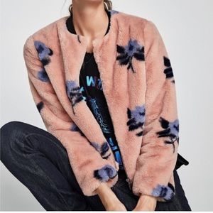 Zara Floral Faux Fur Jacket Pink